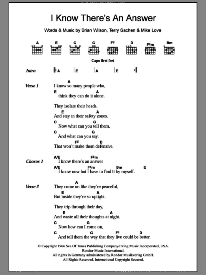 I Know There's An Answer sheet music for guitar (chords) by The Beach Boys, Brian Wilson, Mike Love and Terry Sachen, intermediate skill level