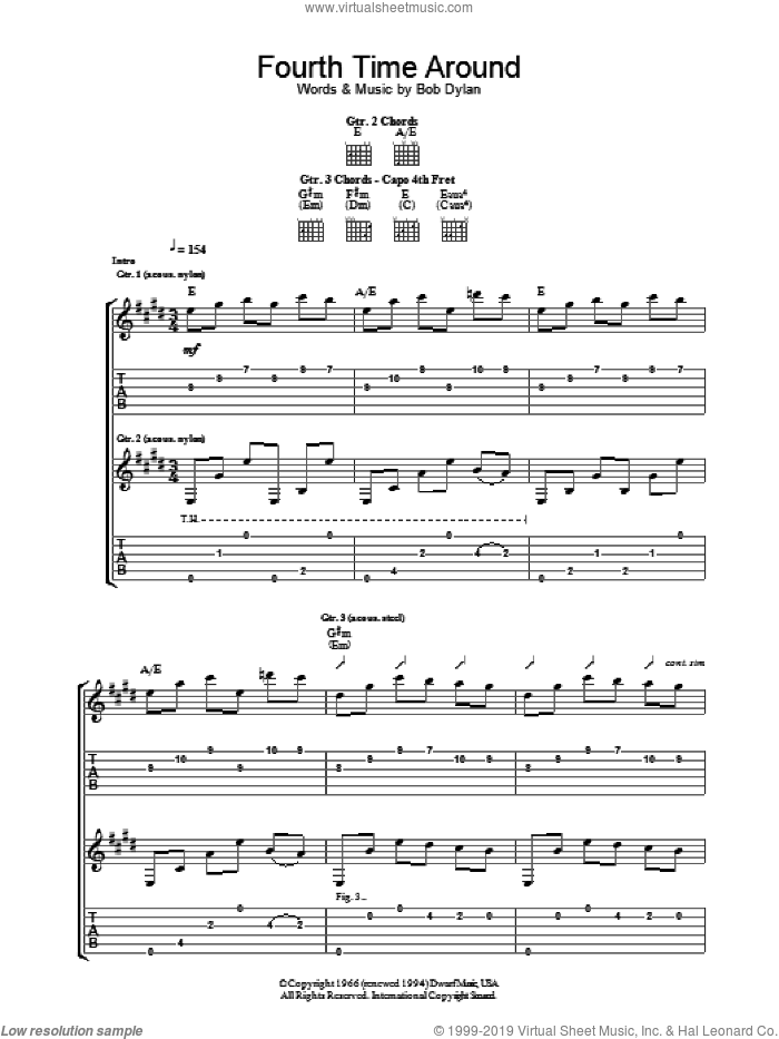 Fourth Time Around sheet music for guitar (tablature) by Bob Dylan, intermediate skill level