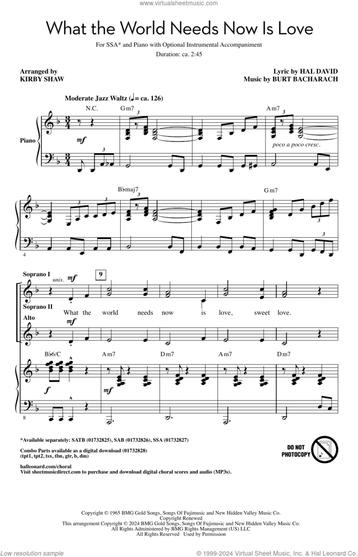 What The World Needs Now Is Love (arr. Kirby Shaw) sheet music for choir (SAB: soprano, alto, bass) by Bacharach & David, Kirby Shaw, Jackie DeShannon, Burt Bacharach and Hal David, intermediate skill level