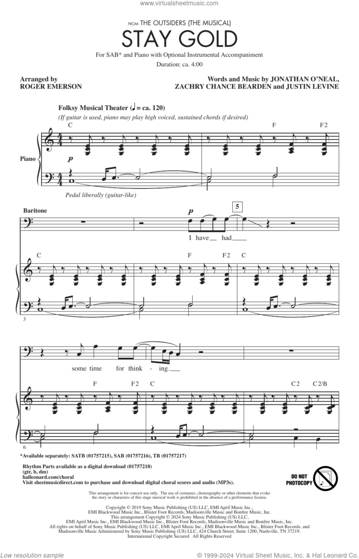 Stay Gold (from The Outsiders) (arr. Roger Emerson) sheet music for choir (SAB: soprano, alto, bass) by Jonathan O'Neal and Zachry Chance Bearden and Justin Levine, Roger Emerson, Justin Levine and Zachry Chance Bearden, intermediate skill level