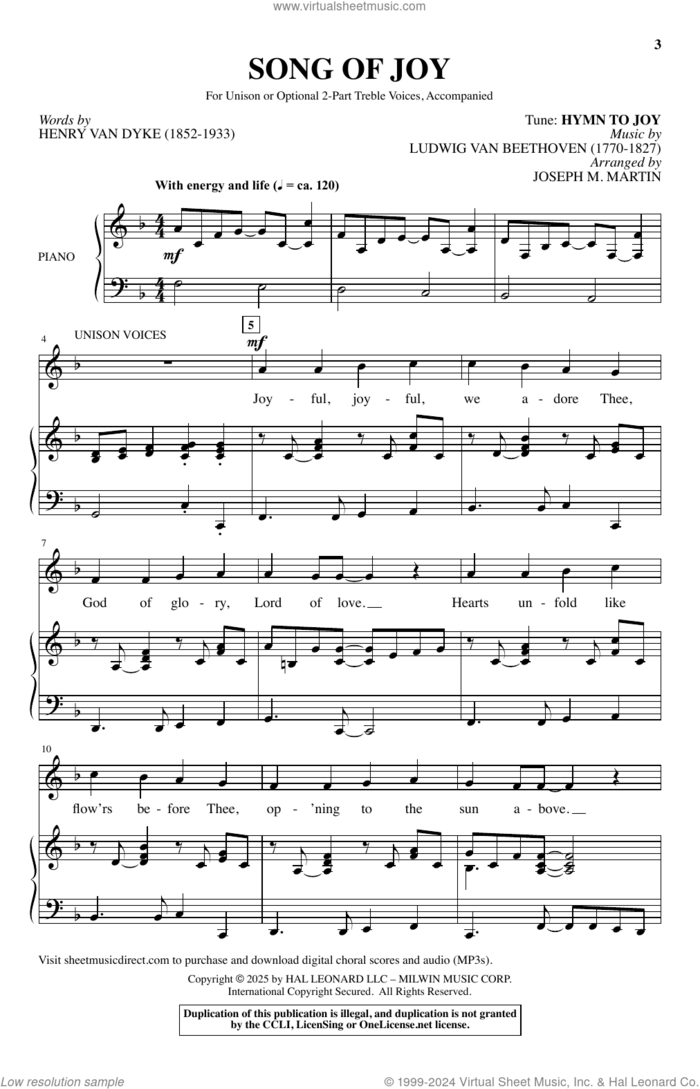 Song Of Joy sheet music for choir (Unison, 2-Part Treble) by Ludwig Van Beethoven, Joseph M. Martin and Henry van Dyke, intermediate skill level