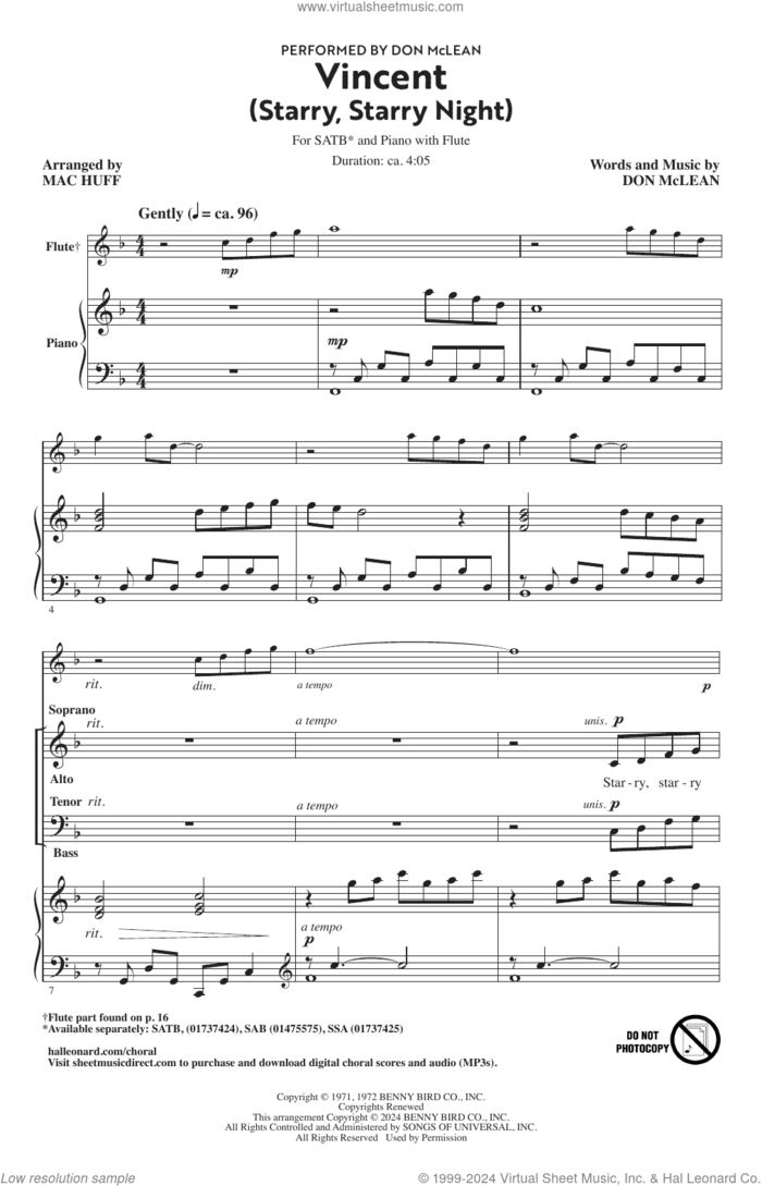 Vincent (Starry Starry Night) (arr. Mac Huff) sheet music for choir (SATB: soprano, alto, tenor, bass) by Don McLean and Mac Huff, intermediate skill level