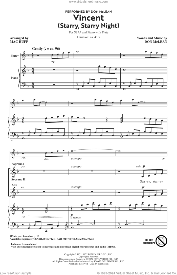 Vincent (Starry Starry Night) (arr. Mac Huff) sheet music for choir (SSA: soprano, alto) by Don McLean and Mac Huff, intermediate skill level