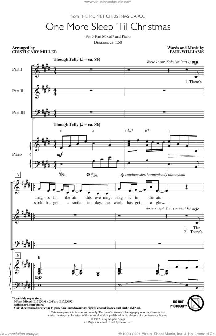 One More Sleep 'Til Christmas (from The Muppet Christmas Carol) (arr. Cristy Cary Miller) sheet music for choir (3-Part Mixed) by Paul Williams, Cristi Cary Miller and The Muppets, intermediate skill level