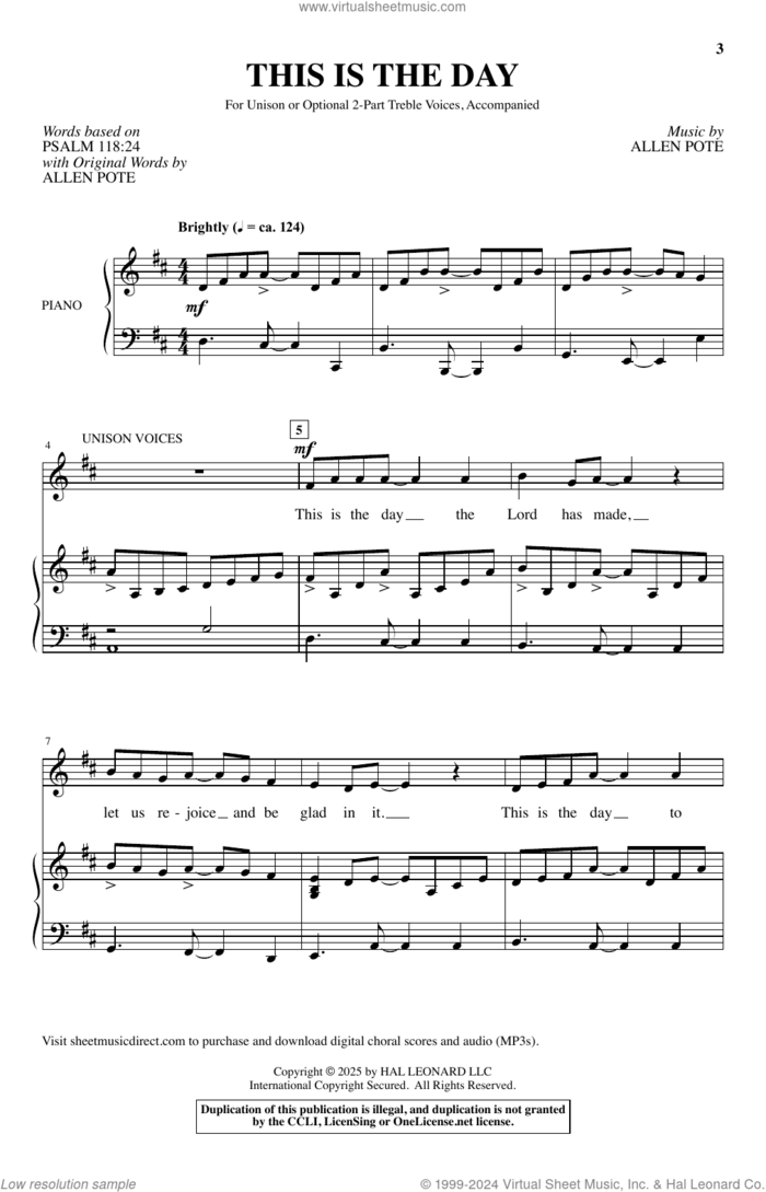 This Is The Day sheet music for choir (Unison, 2-Part Treble) by Allen Pote and Psalm 118:24, intermediate skill level