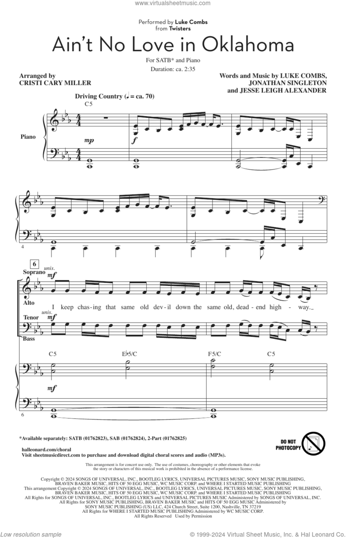 Ain't No Love In Oklahoma (from Twisters) (arr. Cristi Cary Miller) sheet music for choir (SATB: soprano, alto, tenor, bass) by Luke Combs, Cristi Cary Miller, Jessi Leigh Alexander and Jonathan Singleton, intermediate skill level