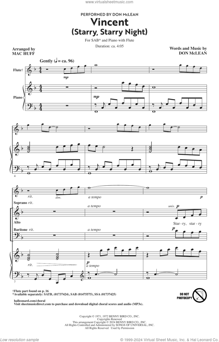 Vincent (Starry Starry Night) (arr. Mac Huff) sheet music for choir (SAB: soprano, alto, bass) by Don McLean and Mac Huff, intermediate skill level