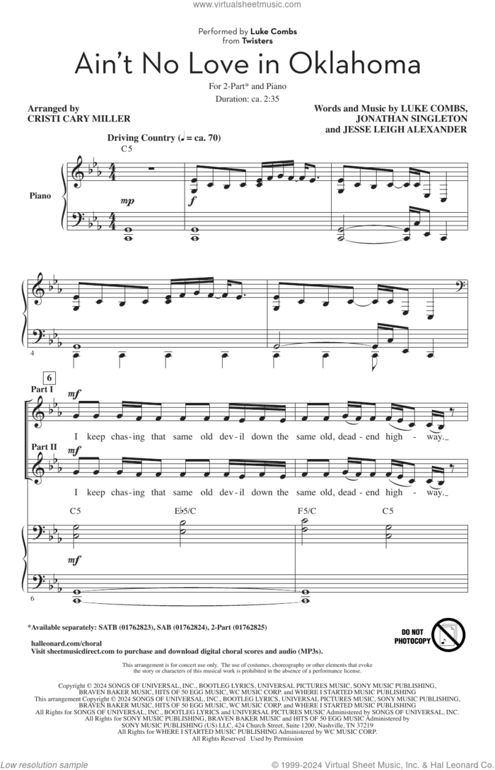 Ain't No Love In Oklahoma (from Twisters) (arr. Cristi Cary Miller) sheet music for choir (2-Part) by Luke Combs, Cristi Cary Miller, Jessi Leigh Alexander and Jonathan Singleton, intermediate duet