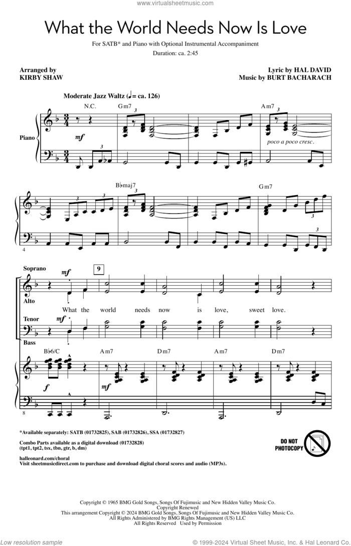 What The World Needs Now Is Love (arr. Kirby Shaw) sheet music for choir (SATB: soprano, alto, tenor, bass) by Bacharach & David, Kirby Shaw, Jackie DeShannon, Burt Bacharach and Hal David, intermediate skill level