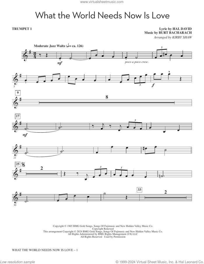 What The World Needs Now Is Love (arr. Kirby Shaw) (complete set of parts) sheet music for orchestra/band (Instrumental Accompaniment) by Bacharach & David, Burt Bacharach, Hal David, Jackie DeShannon and Kirby Shaw, intermediate skill level