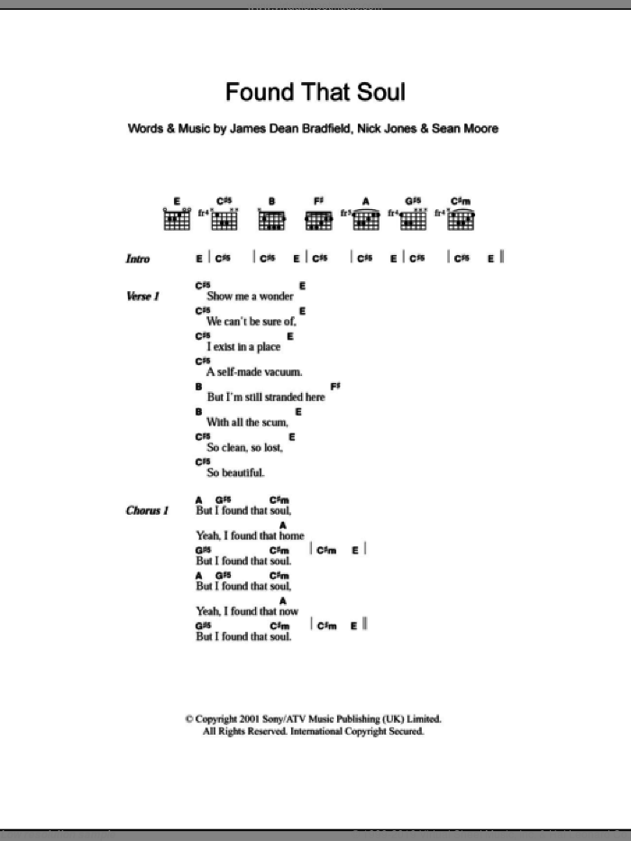 Found That Soul sheet music for guitar (chords) by Manic Street Preachers, James Dean Bradfield, Nick Jones and Sean Moore, intermediate skill level