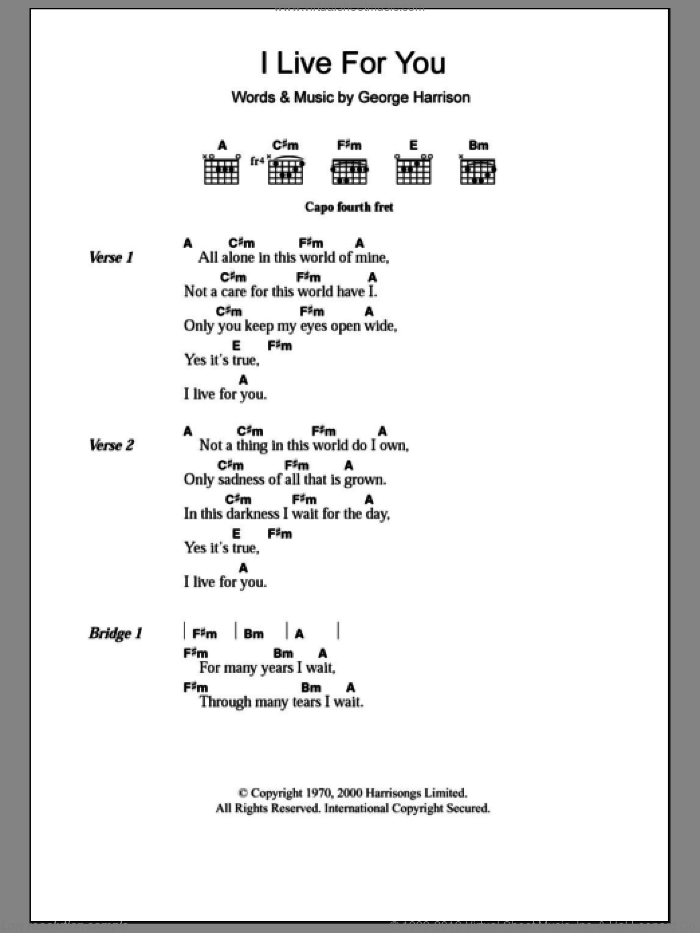 I Live For You sheet music for guitar (chords) by George Harrison, intermediate skill level