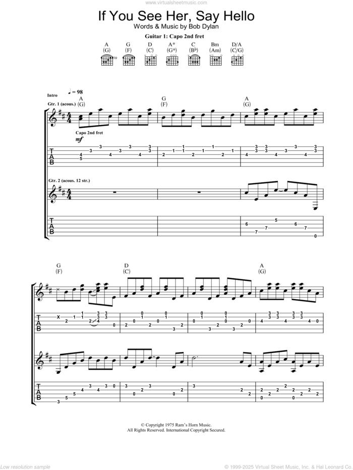 If You See Her, Say Hello sheet music for guitar (tablature) by Bob Dylan, intermediate skill level