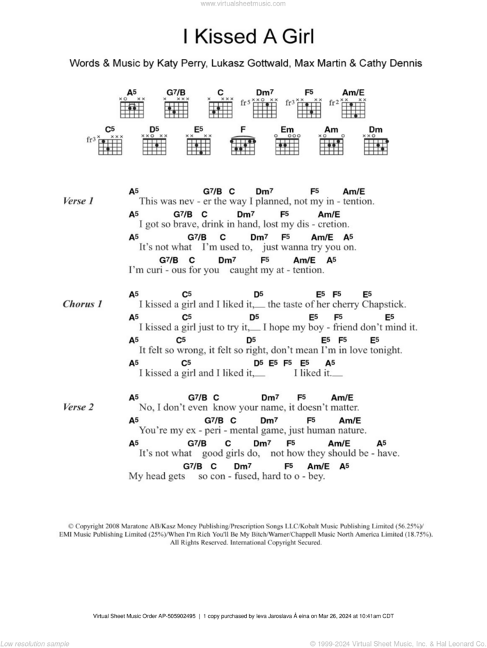 I Kissed A Girl sheet music for guitar (chords) by Katy Perry, Cathy Dennis, Lukasz Gottwald and Max Martin, intermediate skill level