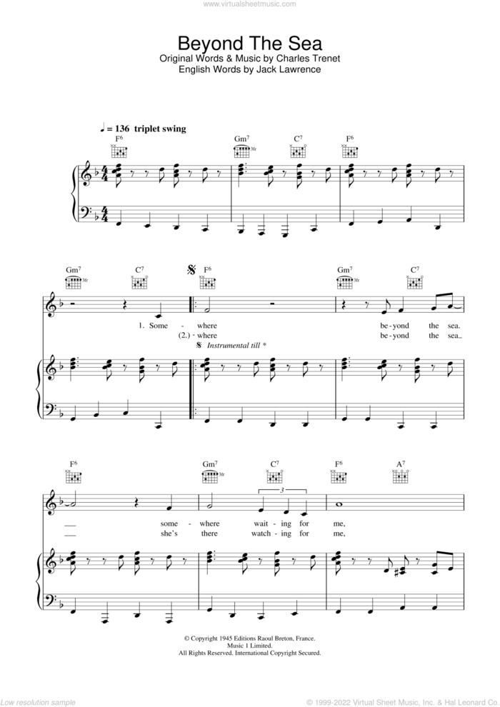 Beyond The Sea sheet music for voice, piano or guitar by Jack Lawrence, Robbie Williams and Charles Trenet, intermediate skill level