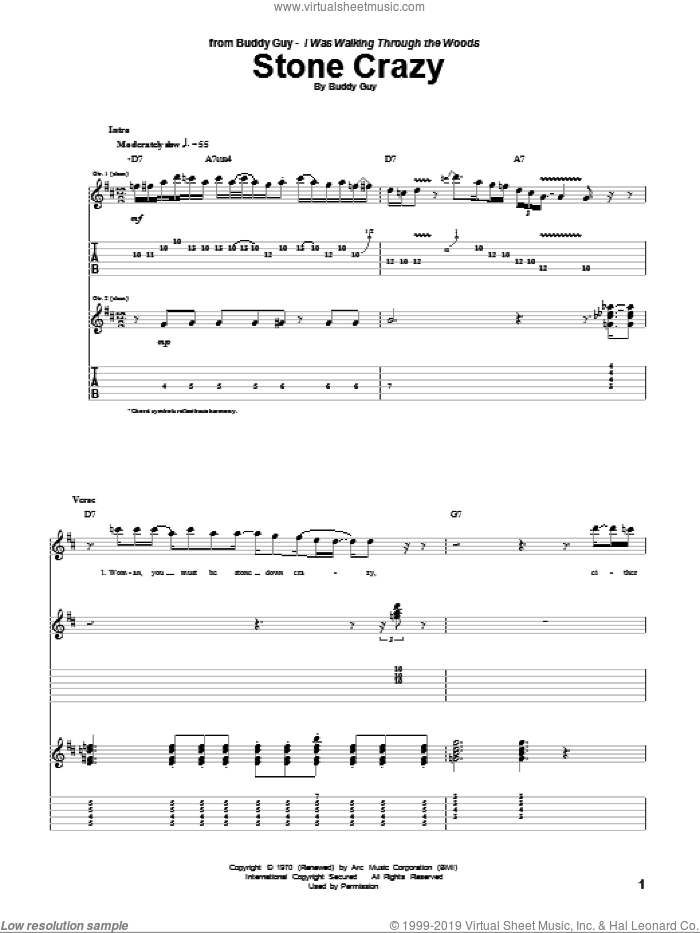 Stone Crazy sheet music for guitar (tablature) by Buddy Guy, intermediate skill level