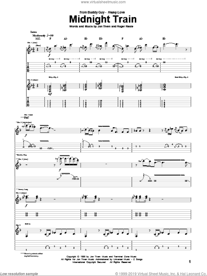 Midnight Train sheet music for guitar (tablature) by Buddy Guy, Jon Tiven and Roger Reale, intermediate skill level