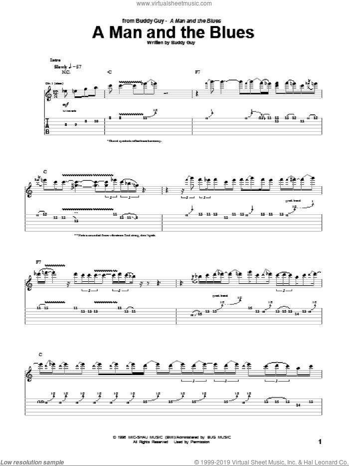 A Man And The Blues sheet music for guitar (tablature) by Buddy Guy, intermediate skill level