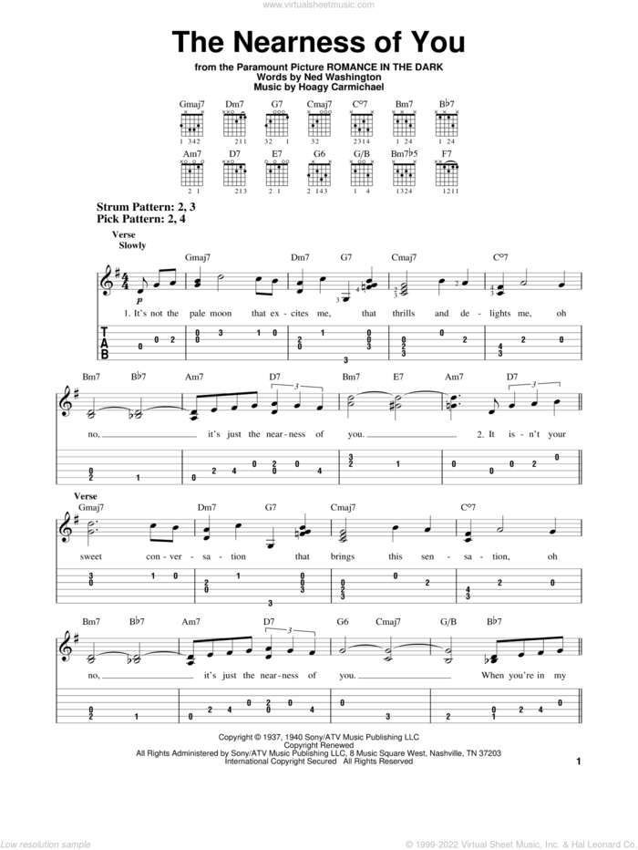 The Nearness Of You sheet music for guitar solo (easy tablature) by Hoagy Carmichael and Ned Washington, easy guitar (easy tablature)