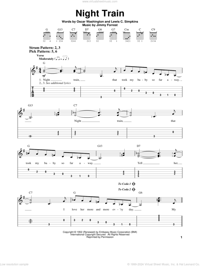 Night Train sheet music for guitar solo (easy tablature) by Jimmy Forrest, Lewis C. Simpkins and Oscar Washington, easy guitar (easy tablature)