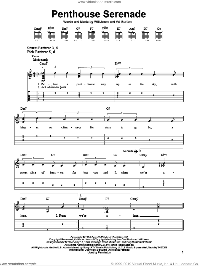 Penthouse Serenade sheet music for guitar solo (easy tablature) by Nat King Cole, Val Burton and Will Jason, easy guitar (easy tablature)