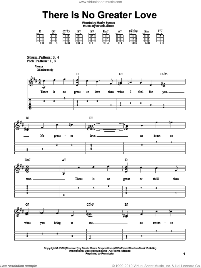 There Is No Greater Love sheet music for guitar solo (easy tablature) by Isham Jones and Marty Symes, easy guitar (easy tablature)