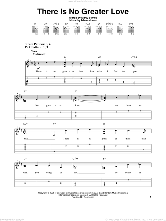 There Is No Greater Love sheet music for guitar solo (easy tablature) by Isham Jones and Marty Symes, easy guitar (easy tablature)