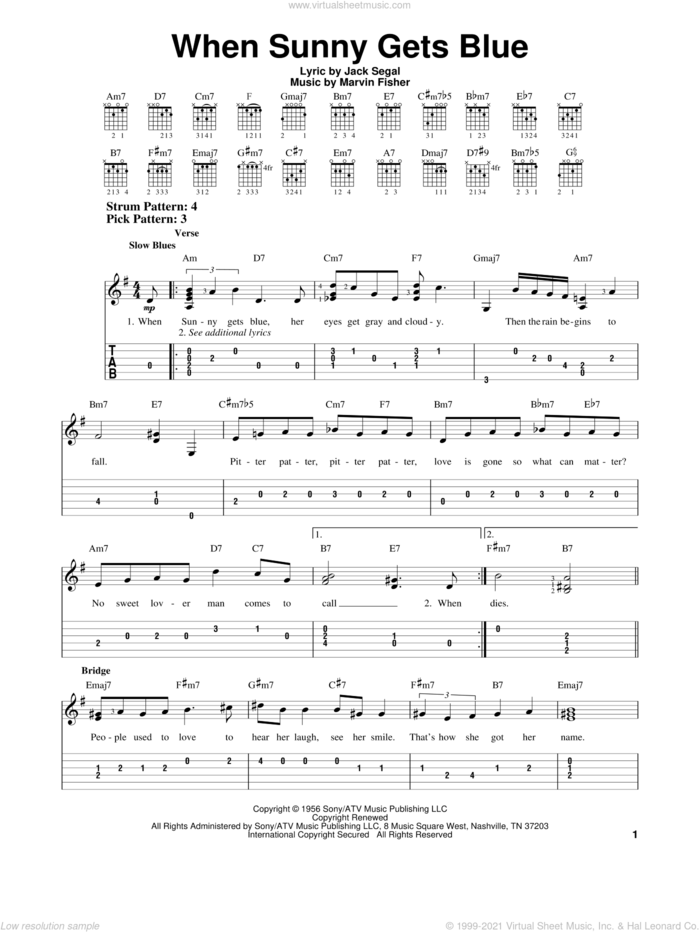 When Sunny Gets Blue sheet music for guitar solo (easy tablature) by Jack Segal and Marvin Fisher, easy guitar (easy tablature)