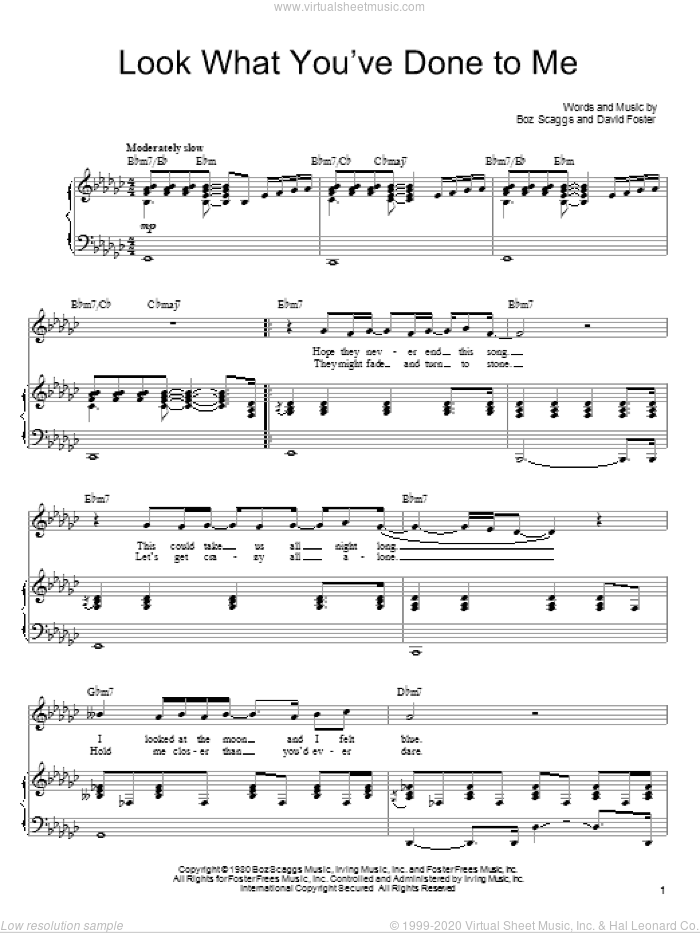 Look What You've Done To Me sheet music for voice, piano or guitar by Boz Scaggs and David Foster, wedding score, intermediate skill level