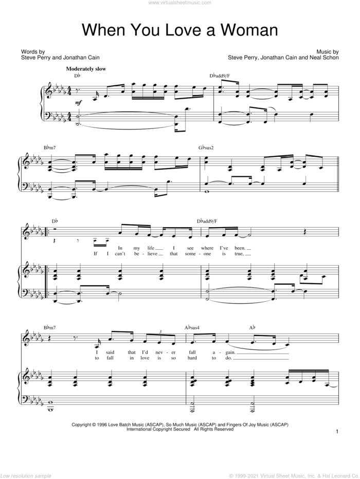 When You Love A Woman sheet music for voice and piano by Journey, Jonathan Cain, Neal Schon and Steve Perry, intermediate skill level