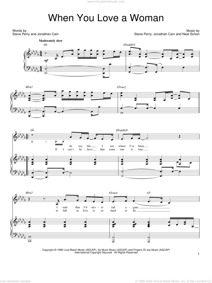 When You Love A Woman sheet music for voice and piano by Journey, Jonathan Cain, Neal Schon and Steve Perry, intermediate skill level