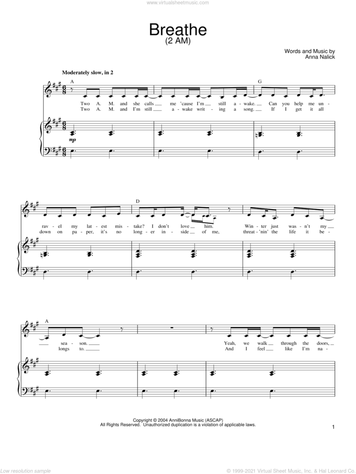 Breathe (2 AM) sheet music for voice, piano or guitar by Anna Nalick, intermediate skill level