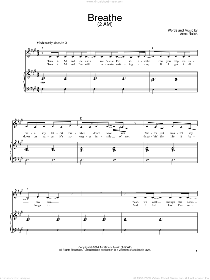 Breathe (2 AM) sheet music for voice, piano or guitar by Anna Nalick, intermediate skill level