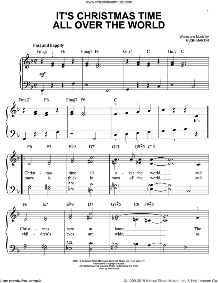It's Christmas Time All Over The World sheet music for piano solo by Hugh Martin, easy skill level
