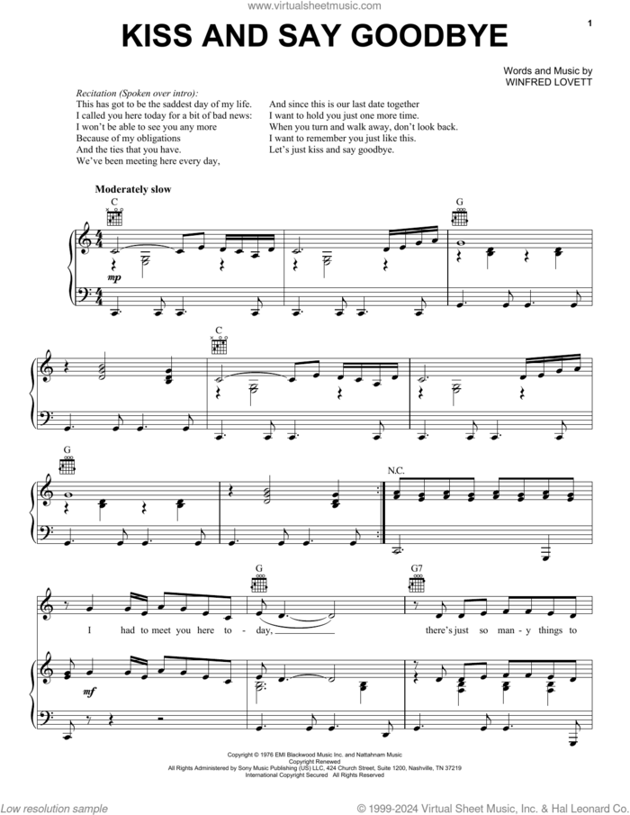 Kiss And Say Goodbye sheet music for voice, piano or guitar by The Manhattans and Winfred Lovett, intermediate skill level