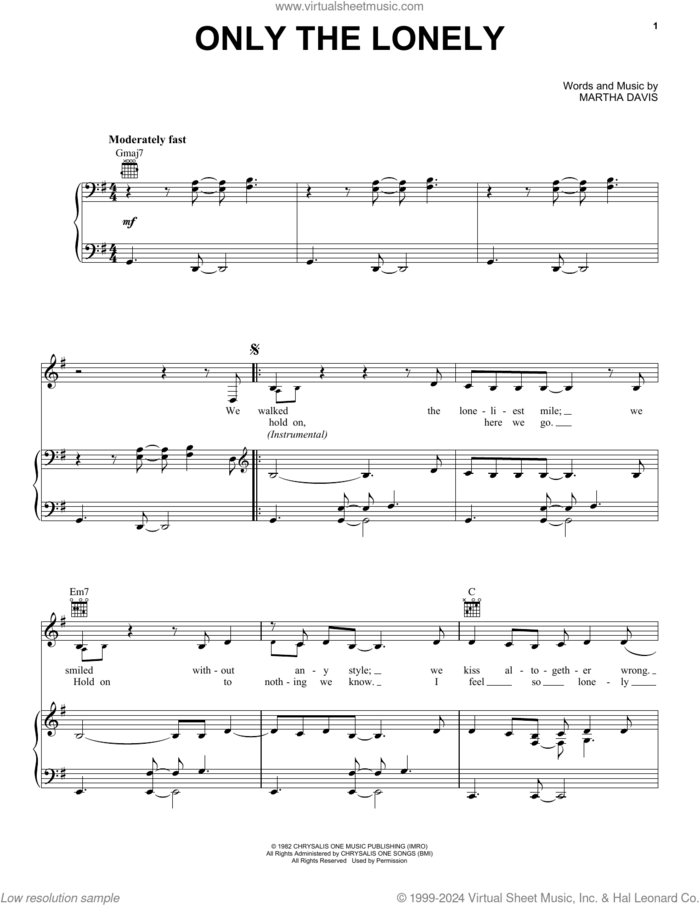 Only The Lonely sheet music for voice, piano or guitar by The Motels and Martha Davis, intermediate skill level