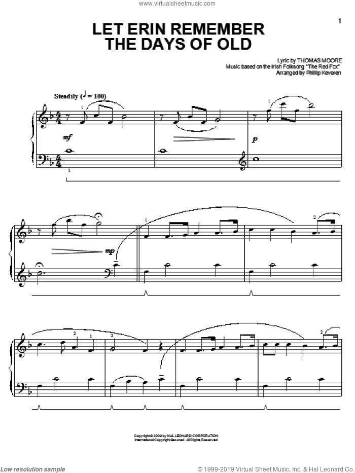 Let Erin Remember The Days Of Old (arr. Phillip Keveren) sheet music for piano solo by Thomas Moore, Phillip Keveren and Miscellaneous, easy skill level