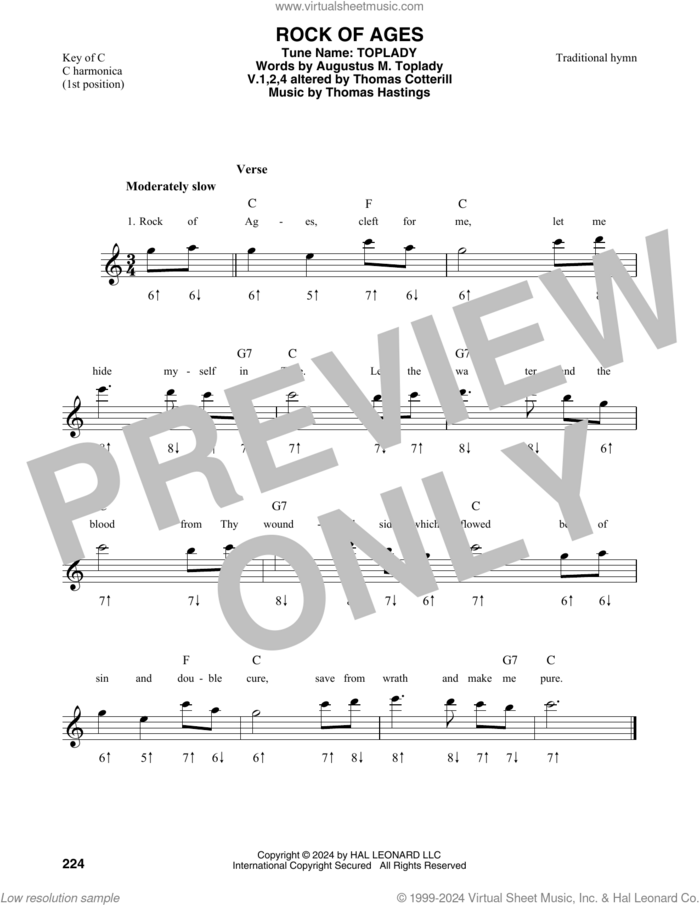 Rock Of Ages sheet music for harmonica solo by Augustus M. Toplady, Thomas Hastings and V.1,2,4 Thomas Cotterill, intermediate skill level