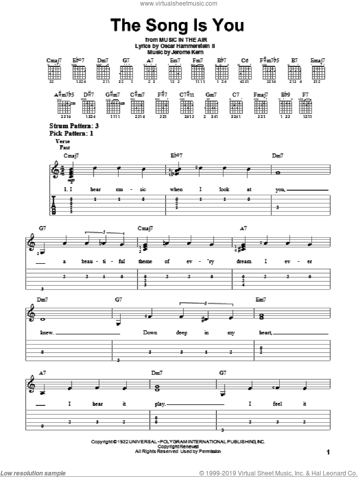 The Song Is You sheet music for guitar solo (easy tablature) by Jerome Kern and Oscar II Hammerstein, easy guitar (easy tablature)
