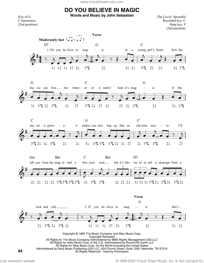 Do You Believe In Magic sheet music for harmonica solo by Lovin' Spoonful and John Sebastian, intermediate skill level