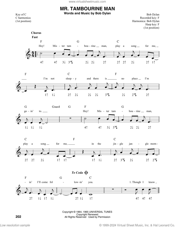 Mr. Tambourine Man sheet music for harmonica solo by Bob Dylan, intermediate skill level