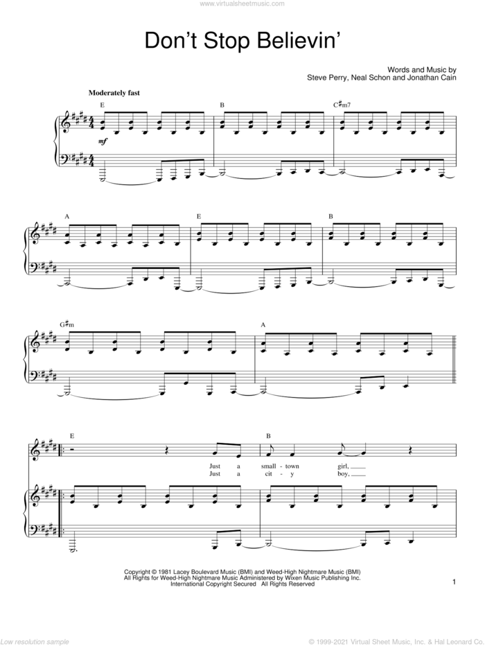 Don't Stop Believin' sheet music for voice, piano or guitar by Journey, Jonathan Cain, Neal Schon and Steve Perry, intermediate skill level