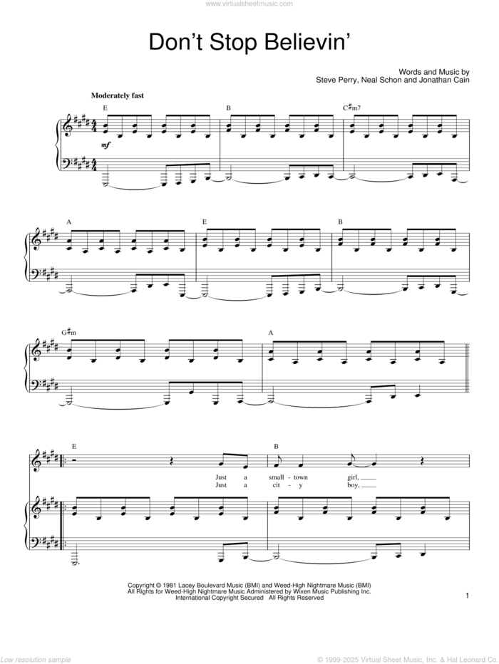 Don't Stop Believin' sheet music for voice, piano or guitar by Journey, Jonathan Cain, Neal Schon and Steve Perry, intermediate skill level