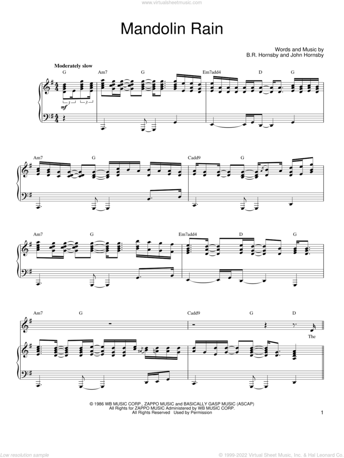 Mandolin Rain sheet music for voice, piano or guitar by Bruce Hornsby and John Hornsby, intermediate skill level