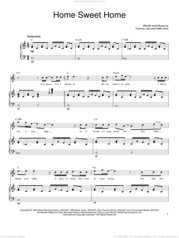 Home Sweet Home sheet music for voice, piano or guitar by Motley Crue, Mikki Sixx and Tommy Lee, intermediate skill level