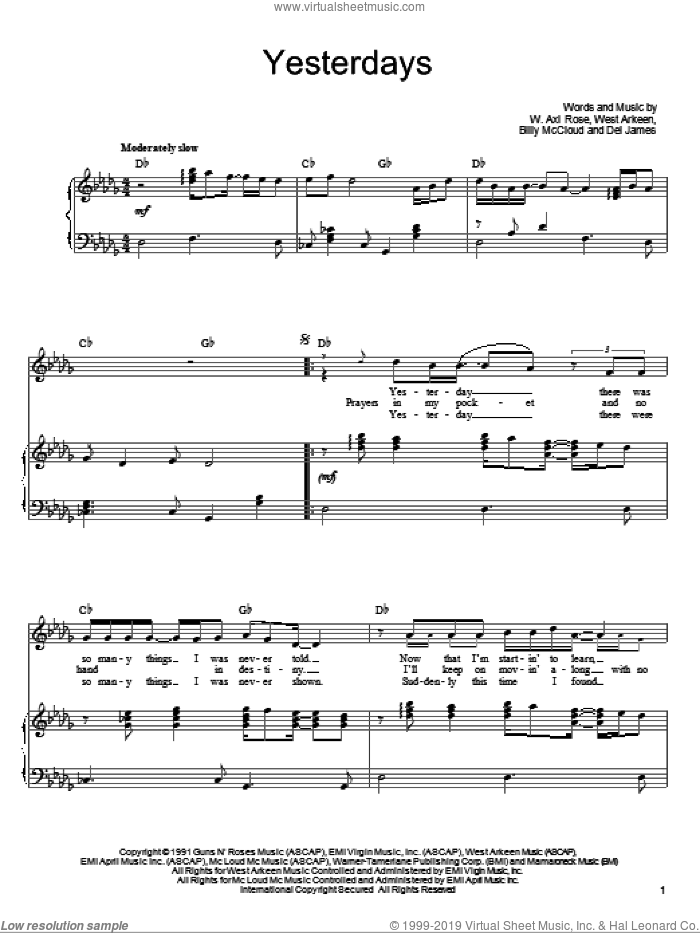 Yesterdays sheet music for voice, piano or guitar by Guns N' Roses, Axl Rose, Billy McCloud, Del James and West Arkeen, intermediate skill level