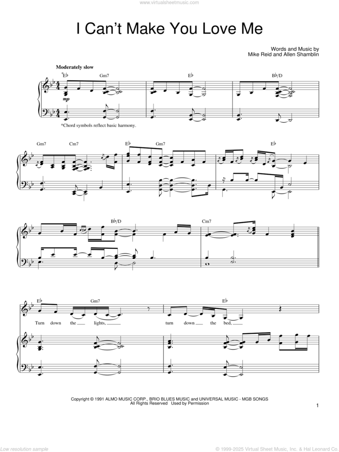 I Can't Make You Love Me sheet music for voice, piano or guitar by Bonnie Raitt, George Michael, Allen Shamblin and Mike Reid, intermediate skill level