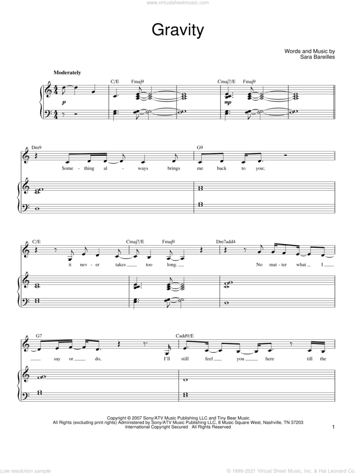 Gravity sheet music for voice, piano or guitar by Sara Bareilles, intermediate skill level