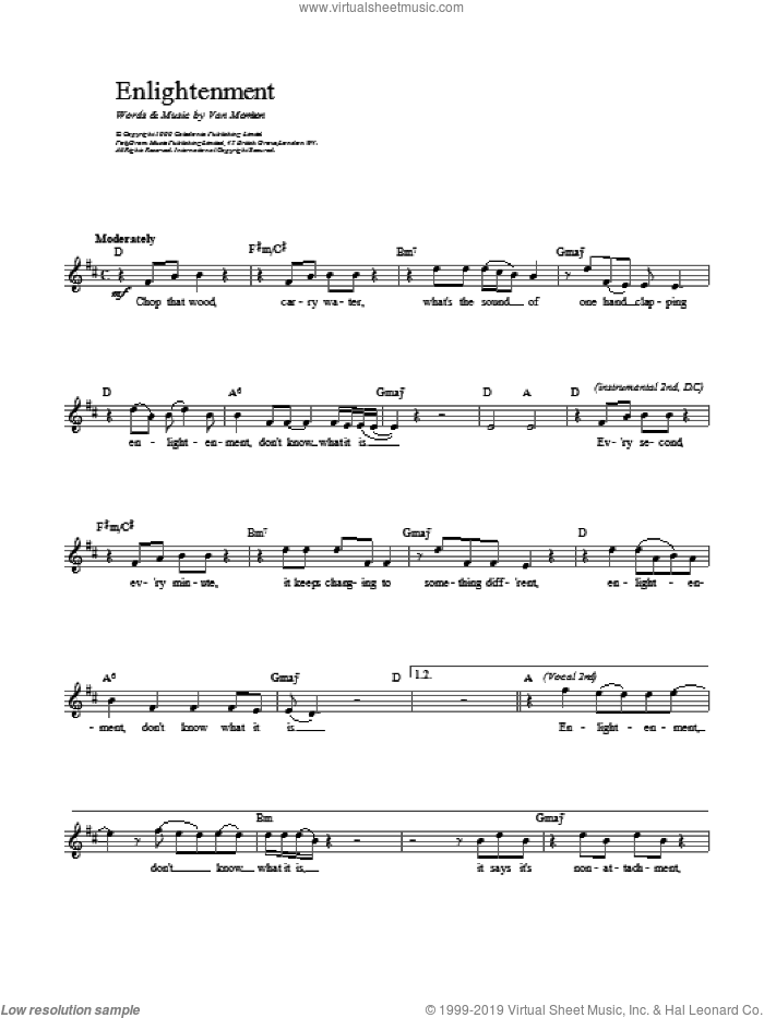 Enlightenment sheet music for voice and other instruments (fake book) by Van Morrison, intermediate skill level