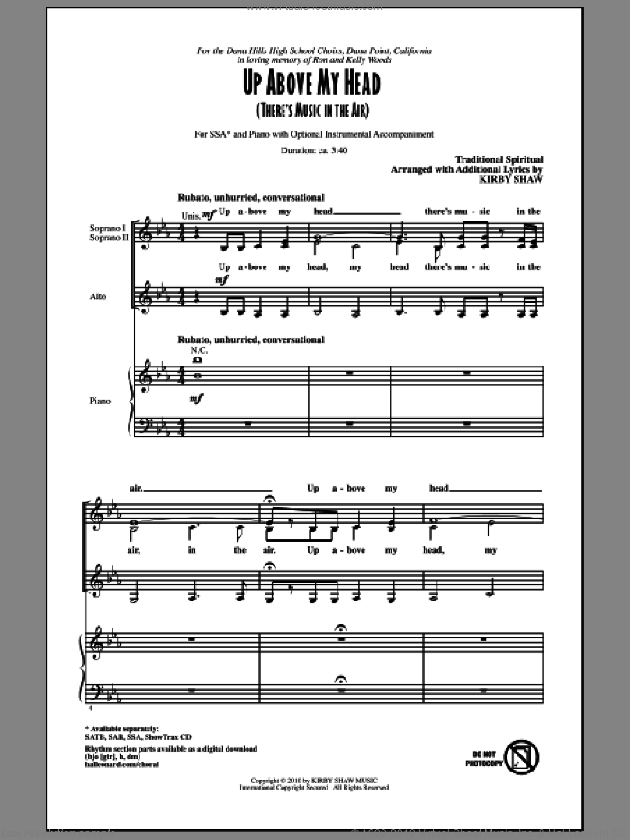 Up Above My Head (There's Music In The Air) sheet music for choir (SSA: soprano, alto) by Kirby Shaw and Miscellaneous, intermediate skill level